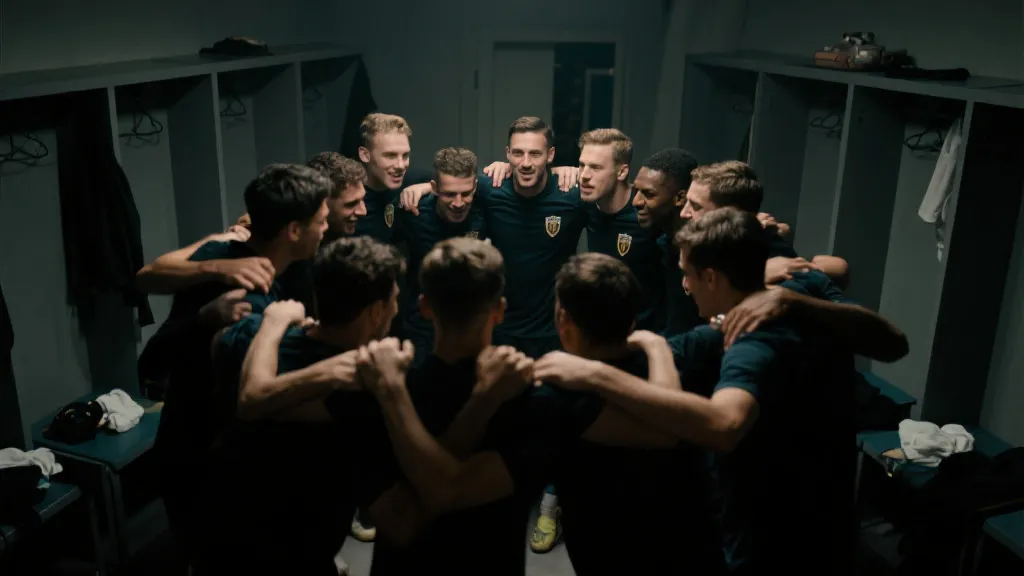 更衣室内球员围成一圈互相鼓励，光影对比强烈，纪录片风格